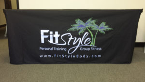 fitness tradeshow booth, table throw